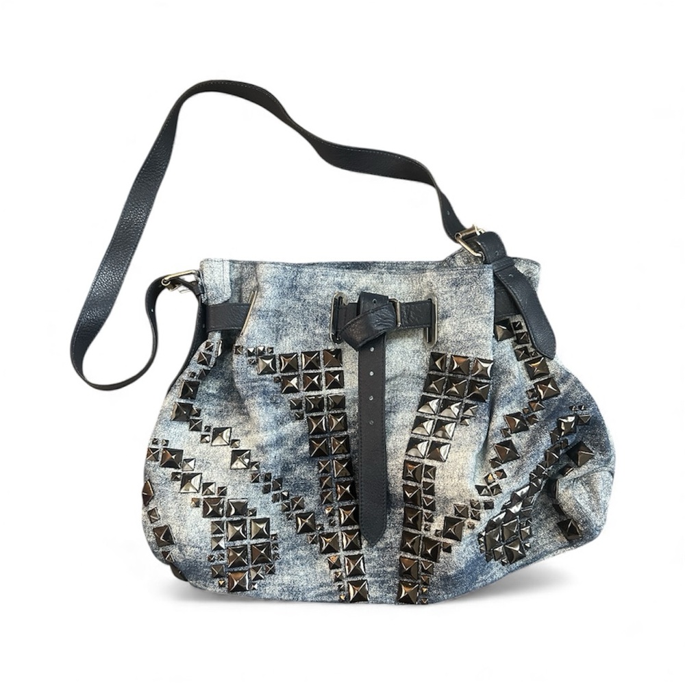 Studded Denim Shoulder Bag with Black Accents